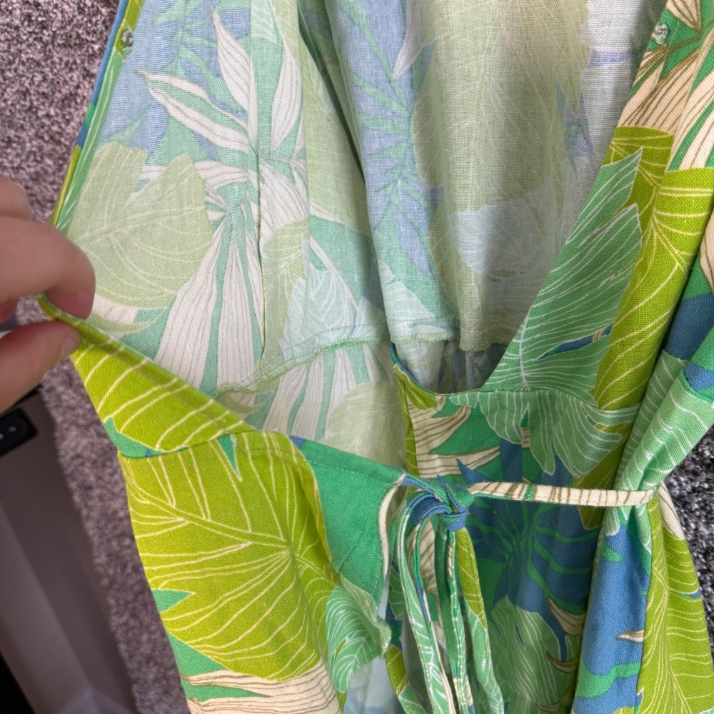 En Creme Tropical Palm Wrap Dress Green Blue Linen Large Mini Wedding Guest - Picture 5 of 12